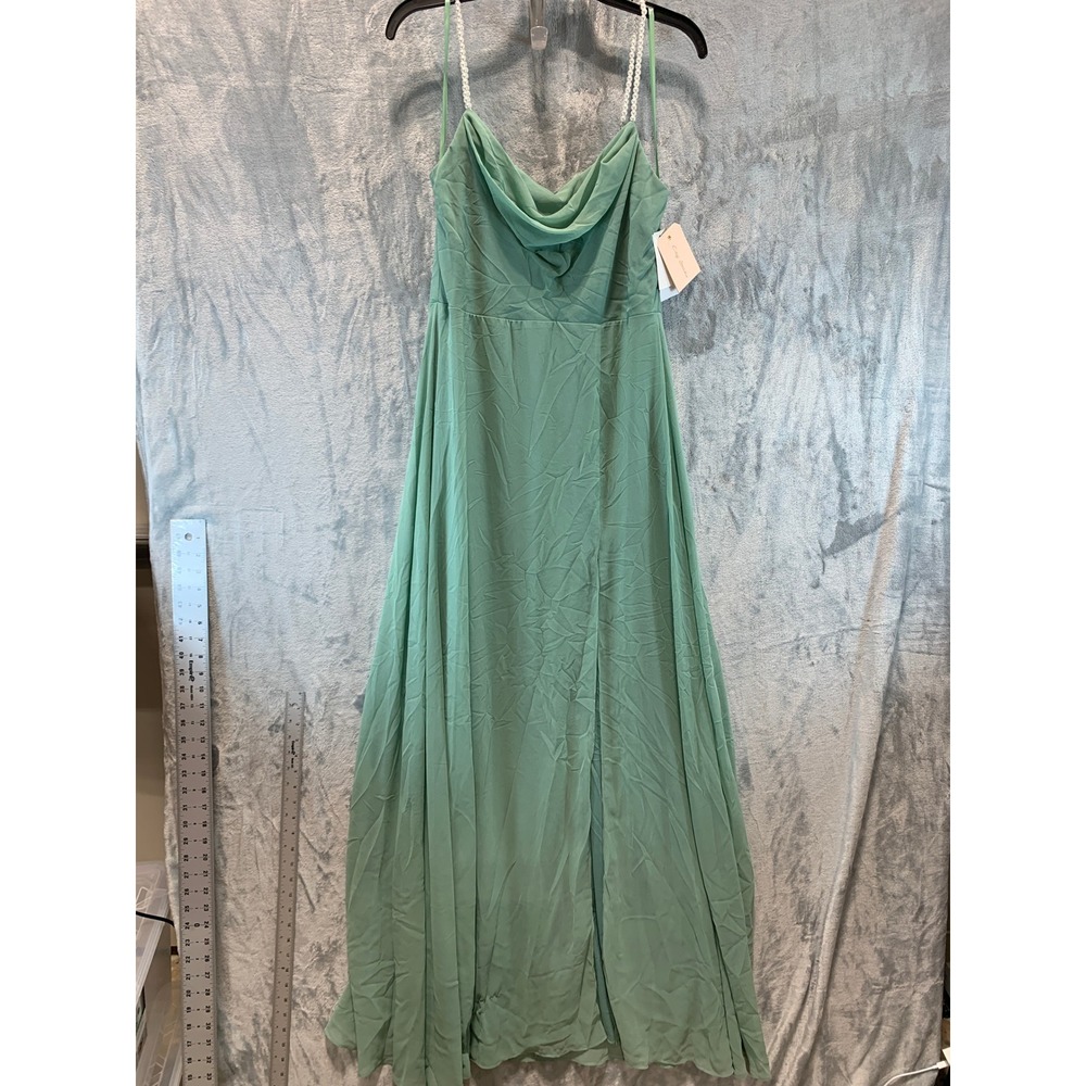 City Studio Women Vintage Sage Pearl Strap Cowl Neck Maxi Gown Dress 13/14 NEW